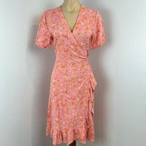 Part Two 2 Women’s 40 US Medium Pink Floral Short Sleeve Wrap Midi Dress Summer
